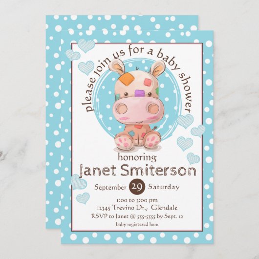 Patchwork Hippo Baby shower, blauw Kaart (Voorkant / Achterkant)