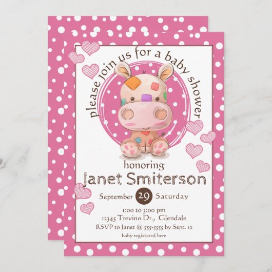 Patchwork Hippo Baby shower, roze Kaart (Voorkant / Achterkant)