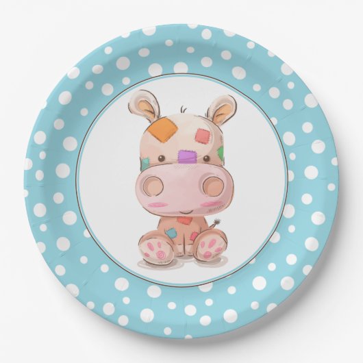 Patchwork Hippo Child's Blue Birthday Papieren Bordje (Voorkant)
