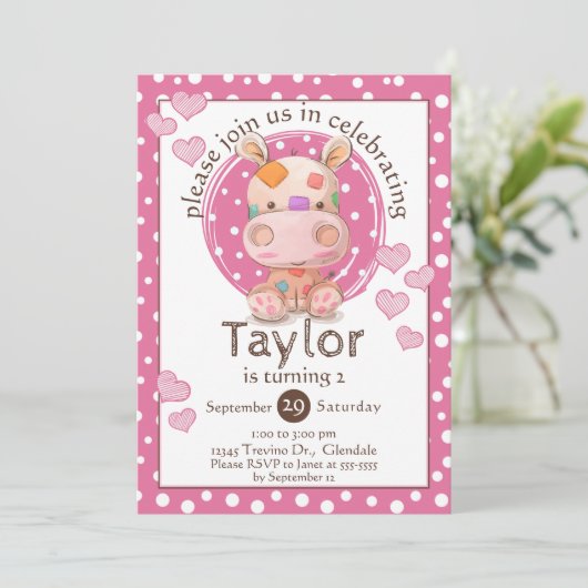 Patchwork Hippo Child's Pink Birthday Kaart (Staand voorkant)