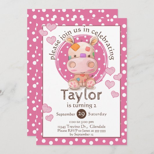 Patchwork Hippo Child's Pink Birthday Kaart (Voorkant / Achterkant)