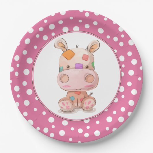 Patchwork Hippo Child's Pink Birthday Papieren Bordje (Voorkant)