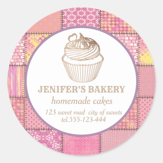 Patchwork Homemade cupcakes en snoepjes Ronde Sticker (Voorkant)