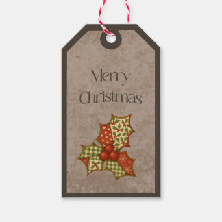 Patchwork hulst in kerstkleuren cadeaukaartje cadeaulabel