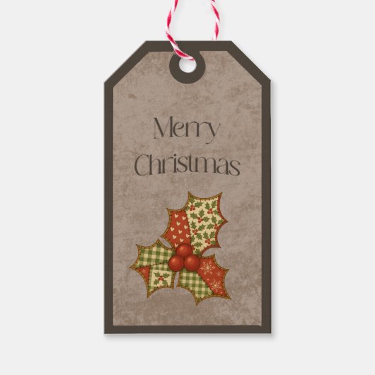 Patchwork hulst in kerstkleuren cadeaukaartje cadeaulabel (Voorkant)