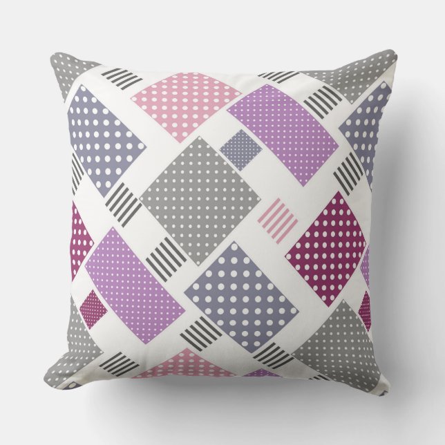 Patchwork in stippen en strepen roze en pruim kussen (Voorkant)