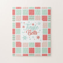 Patchwork Jingle Bells Red Green Pastel Kerstmis