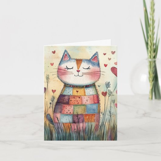 Patchwork Kat Valentijnsdag Vakantiegroet Feestdagen Kaart (Voorkant)