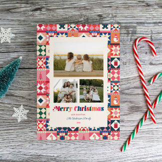 Patchwork Kerst Mis Kleurige Drie Foto Feestdagenkaart