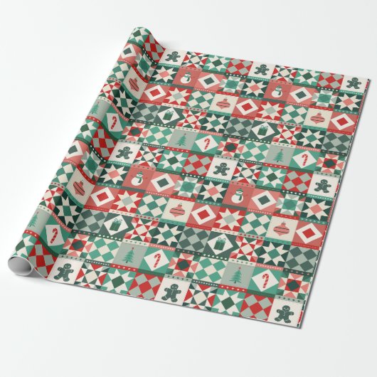Patchwork Kerst Rood en Groen Cadeaupapier (Uitgerold)