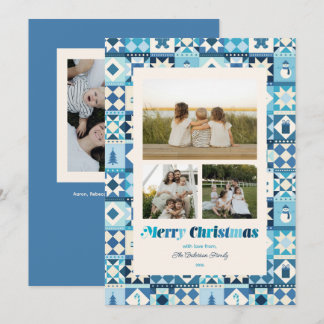 Patchwork Kerst Shades of Blue Drie Foto's Feestdagenkaart