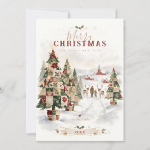 Patchwork Kerstbomen Familie Rendier TMF26 Feestdagenkaart
