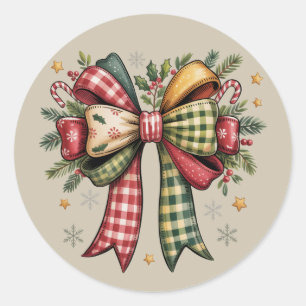 Patchwork Kerstboog Cozy Rustieke Feestdagen Ronde Sticker