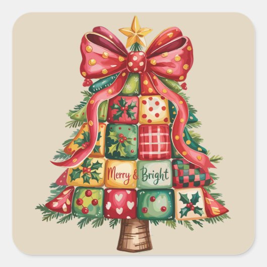 Patchwork kerstboom Coquette kerstboom Vierkante Sticker (Voorkant)