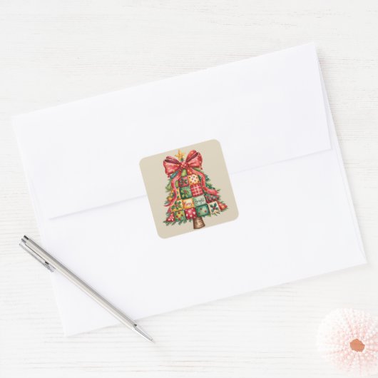 Patchwork kerstboom Coquette kerstboom Vierkante Sticker (Envelop)