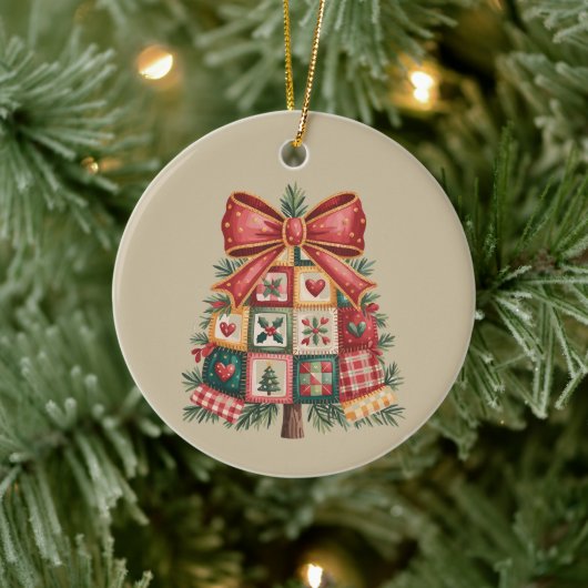 Patchwork Kerstboom Coquette Kerstmis Vakantie Keramisch Ornament (Boom)