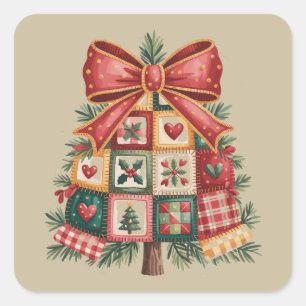 Patchwork Kerstboom Coquette Kerstmis Vakantie Vierkante Sticker