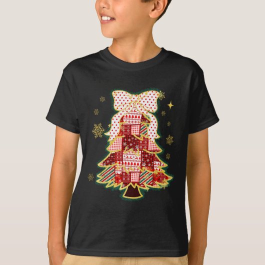 Patchwork Kerstboom Coquette Strik Kerstvakantie T-shirt (Voorkant)