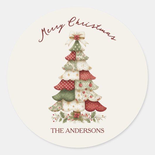 Patchwork Kerstboom Kerstmis Ronde Sticker (Voorkant)