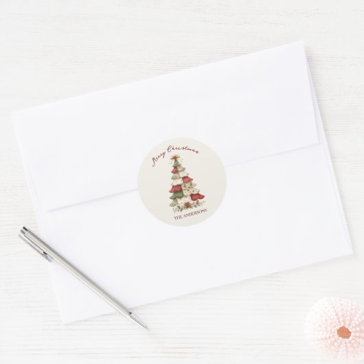 Patchwork Kerstboom Kerstmis Ronde Sticker (Envelop)