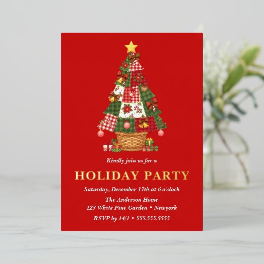 Patchwork Kerstboom Vakantie Feest Folie Uitnodiging (Staand Voorkant)