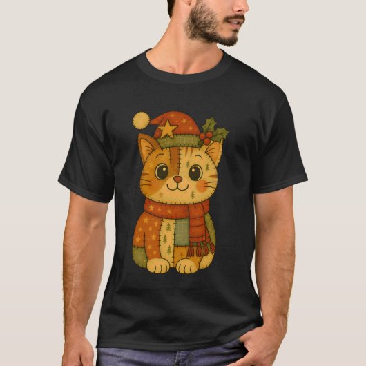Patchwork Kerstkat met Kerstmanhoed Winter H T-shirt (Voorkant)