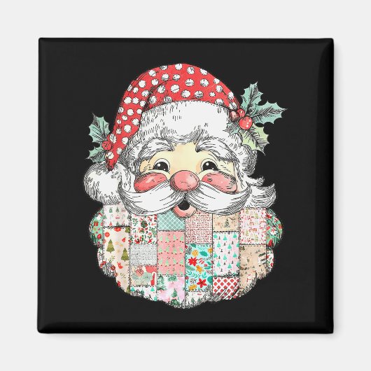 Patchwork Kerstman Gezicht Vintage Prettig Kerstfe Magneet (Voorkant)