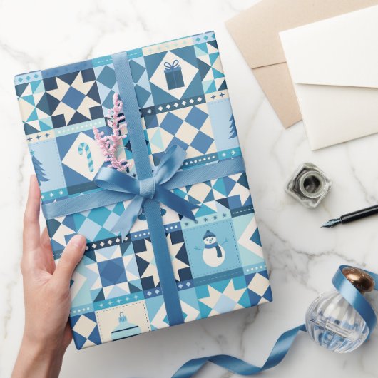 Patchwork Kerstmis Blauw Vakantiedagen Cadeaupapier (Geschenken)