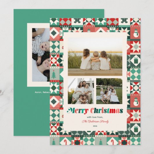 Patchwork Kerstmis Rood en Groen Drie Foto Feestdagenkaart (Voorkant / Achterkant)