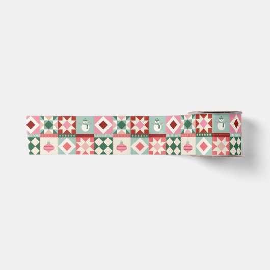 Patchwork Kerstmis Rood, Roze, Groen Satijnen Lint (Voorkant)