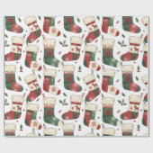 Patchwork Kerstmutsen Rood Groen Wit Cadeaupapier (Vlak)