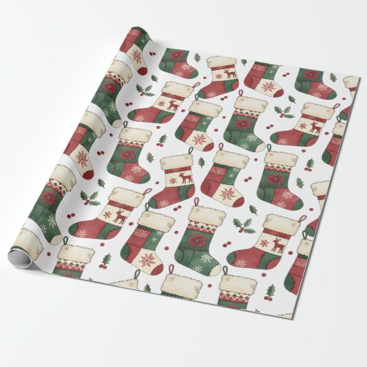 Patchwork Kerstmutsen Rood Groen Wit Cadeaupapier (Uitgerold)