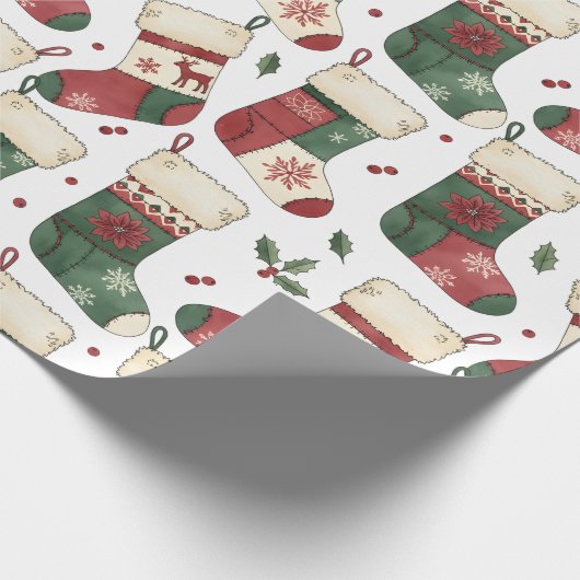Patchwork Kerstmutsen Rood Groen Wit Cadeaupapier (Hoek)