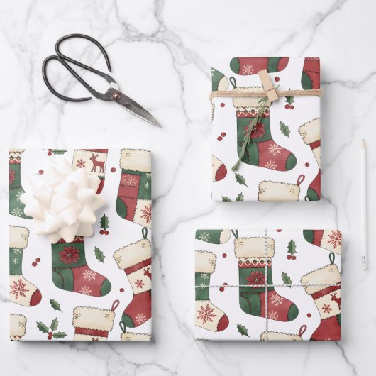Patchwork Kerstmutsen Rood Groen Wit Inpakpapier Vel (Voorkant)