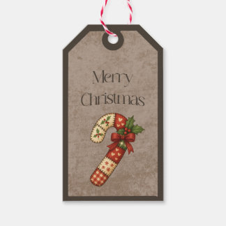 Patchwork Kerststok in Kerstkleuren Cadeaukaartje Cadeaulabel