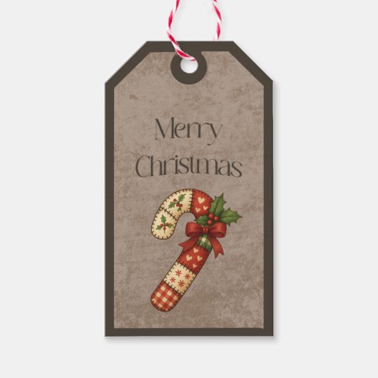 Patchwork Kerststok in Kerstkleuren Cadeaukaartje Cadeaulabel (Voorkant)
