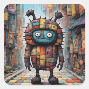 Patchwork Kleurrijke Schattigee Creature Funny Sti Vierkante Sticker