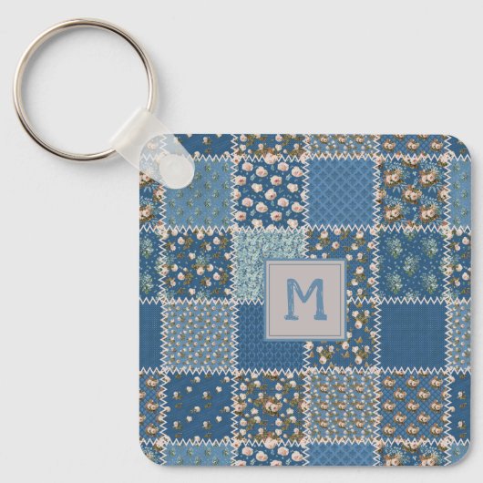 patchwork-kwilt in Blues Sleutelhanger (Voorkant)