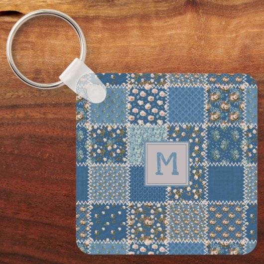 patchwork-kwilt in Blues Sleutelhanger (Voorkant)