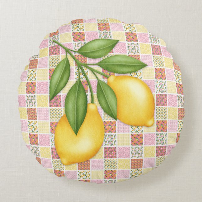 Patchwork Lemon Rond Kussen (Voorkant)