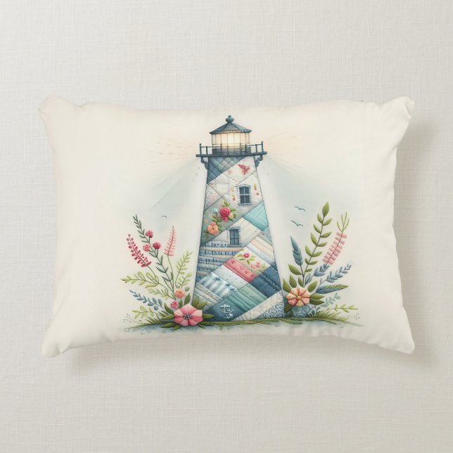 Patchwork Lighthouse Coastal Floral Scene Accent Kussen (Voorkant)