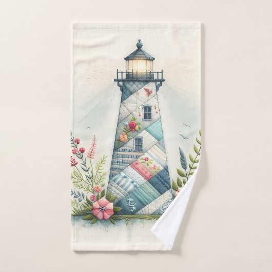 Patchwork Lighthouse Coastal Floral Scene Bad Handdoek (Handdoek)