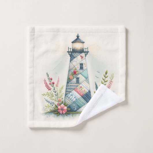 Patchwork Lighthouse Coastal Floral Scene Bad Handdoek (Wasdoekje)
