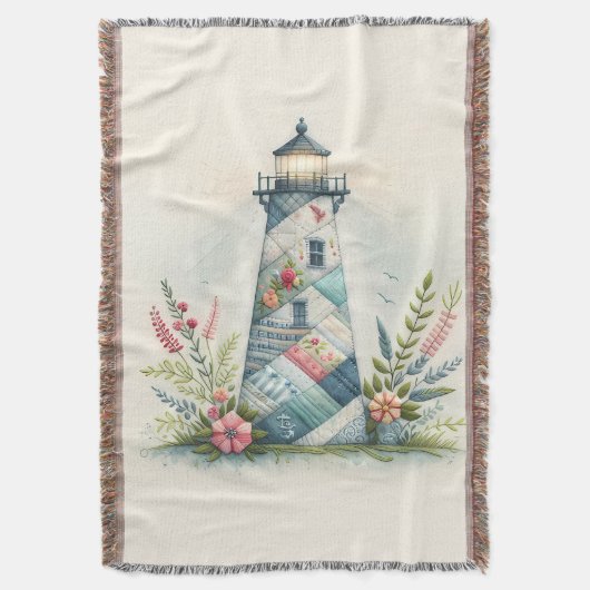 Patchwork Lighthouse Coastal Floral Scene Deken (Voorkant Verticaal)