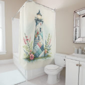 Patchwork Lighthouse Coastal Floral Scene Douchegordijn (In situ)
