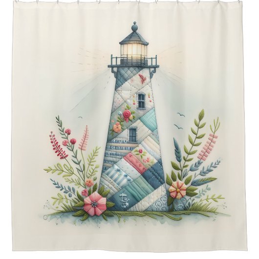 Patchwork Lighthouse Coastal Floral Scene Douchegordijn (Voorkant)