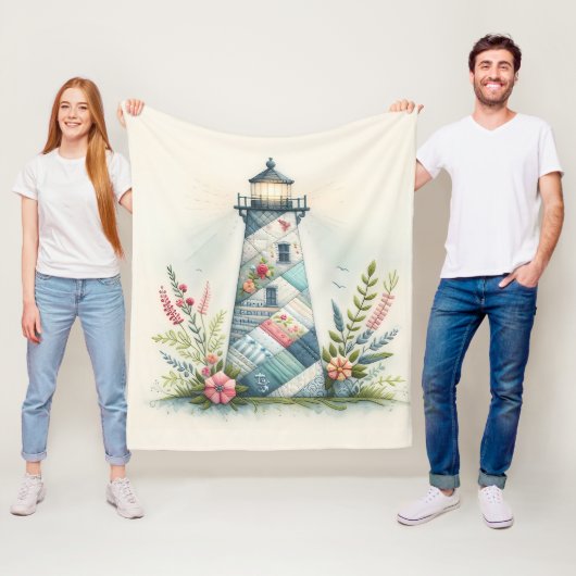Patchwork Lighthouse Coastal Floral Scene Fleece Deken (In situ)