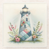Patchwork Lighthouse Coastal Floral Scene Glazen Onderzetter (Voorkant)