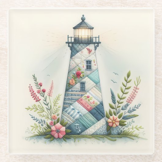 Patchwork Lighthouse Coastal Floral Scene Glazen Onderzetter (Voorkant)