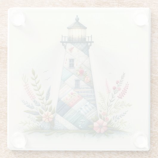 Patchwork Lighthouse Coastal Floral Scene Glazen Onderzetter (Achterkant)